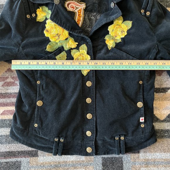 Johnny Was Embroidered Corduroy "Yellow Rose of Texas" Jacket Size XS Black Boho - Picture 11 of 12